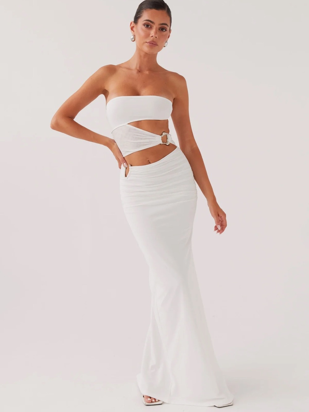 White Cutout Maxi Skirt with Buckle Detail
